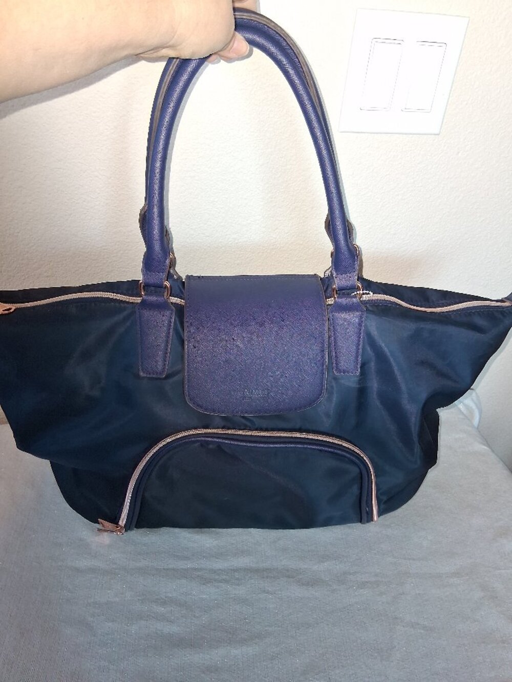 Aimee Kestenberg Tote Shoulder Bag Blue Nylon Rose Gold hardware travel large